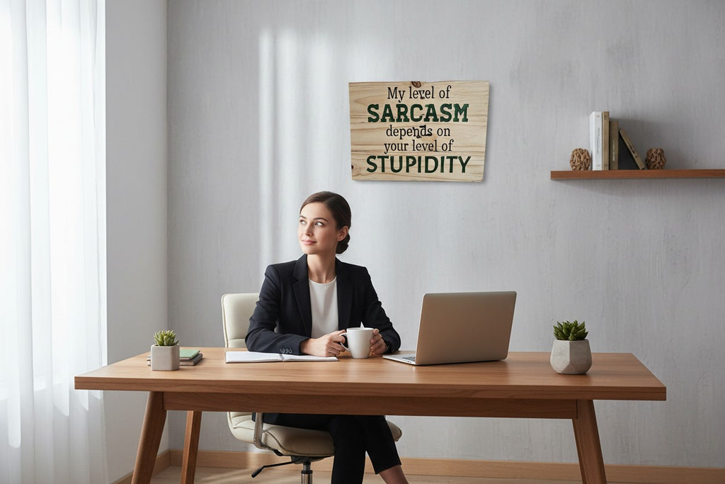 TK Wood Designs wooden sign with text: My level of SARCASTIC depends on your level of STUPIDITY. Natural wood finish.