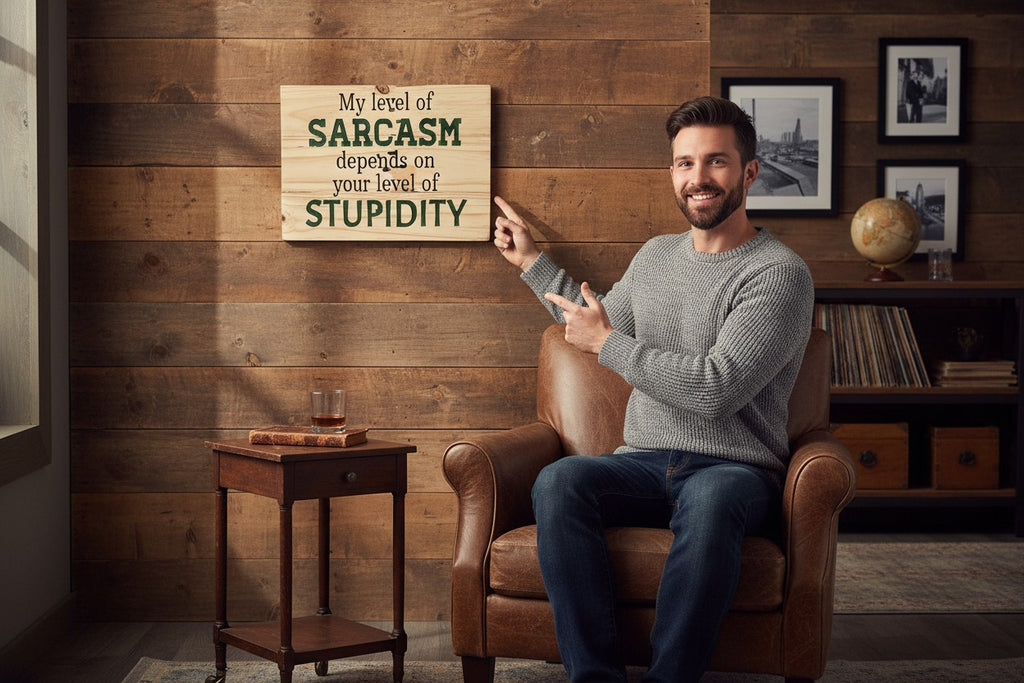 TK Wood Designs wooden sign with text "My level of SARCASTIC depends on your level of STUPIDITY" in dark green.
