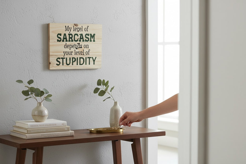 TK Wood Designs wooden sign with text "My level of SARCASTIC depends on your level of STUPIDITY" in dark green.