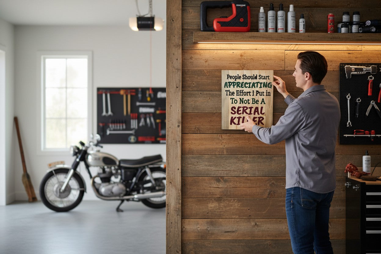 TK Wood Designs rustic wood sign with humorous quote: "People Should Start Appreciating The Effort I Put In To Not Be A SERIAL KILLER."