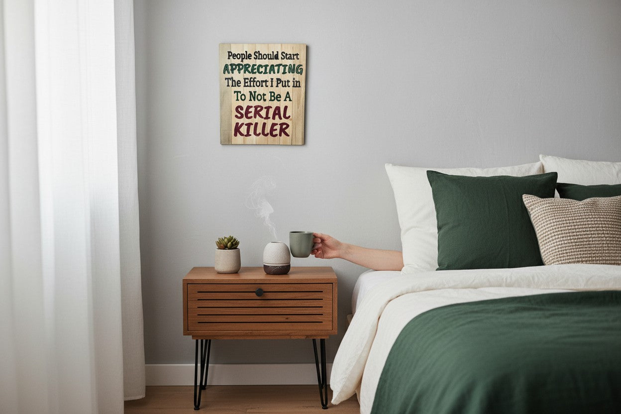 TK Wood Designs wooden sign with text: People Should Start APPRECIATING The Effort I Put in To Not Be A SERIAL KILLER.