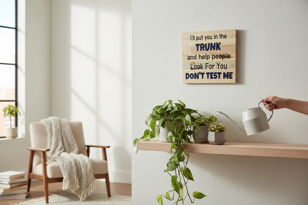 TK Wood Designs wooden sign with sarcastic quote "I'll put you in the trunk and help people look for you DON'T TEST ME".