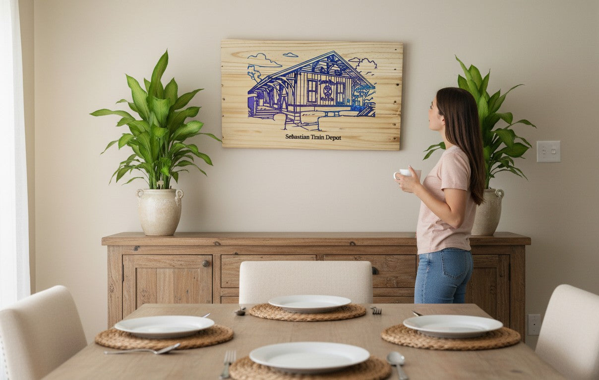 TK Wood Designs Sebastian Train Depot wooden art, featuring a blue and purple engraved depiction of the historic station with clouds.