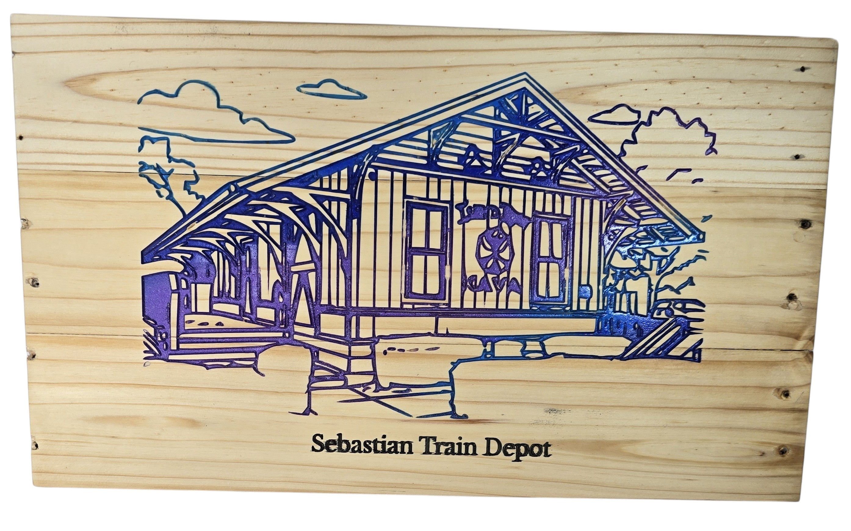 TK Wood Designs Sebastian Train Depot wooden art, featuring a blue and purple engraved depiction of the historic station with clouds.