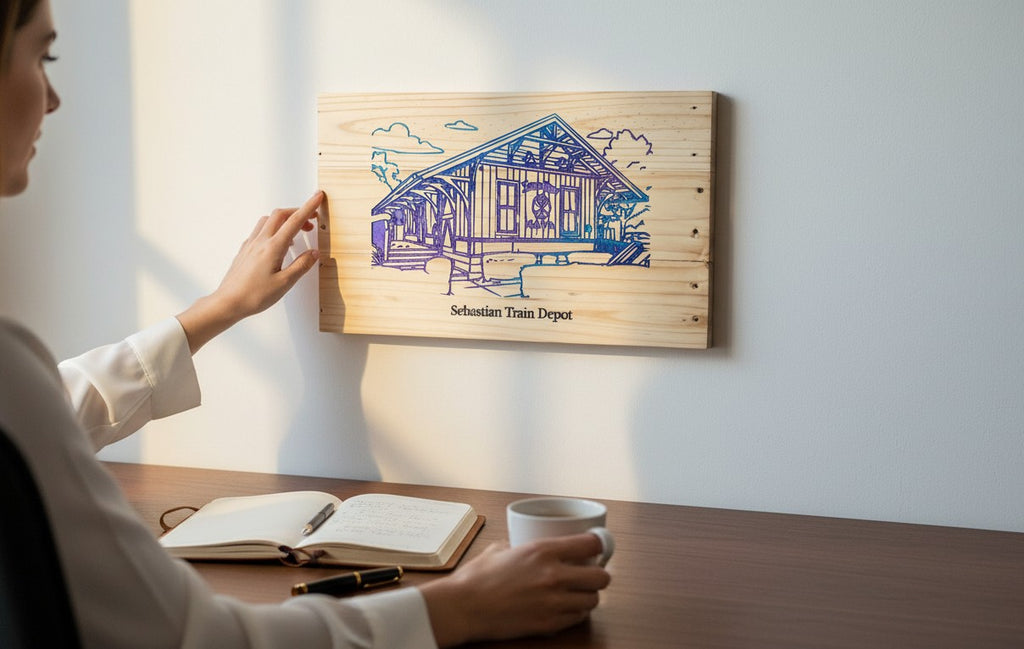 TK Wood Designs Sebastian Train Depot wooden art, featuring a blue and purple engraved depiction of the historic station with clouds and trees.