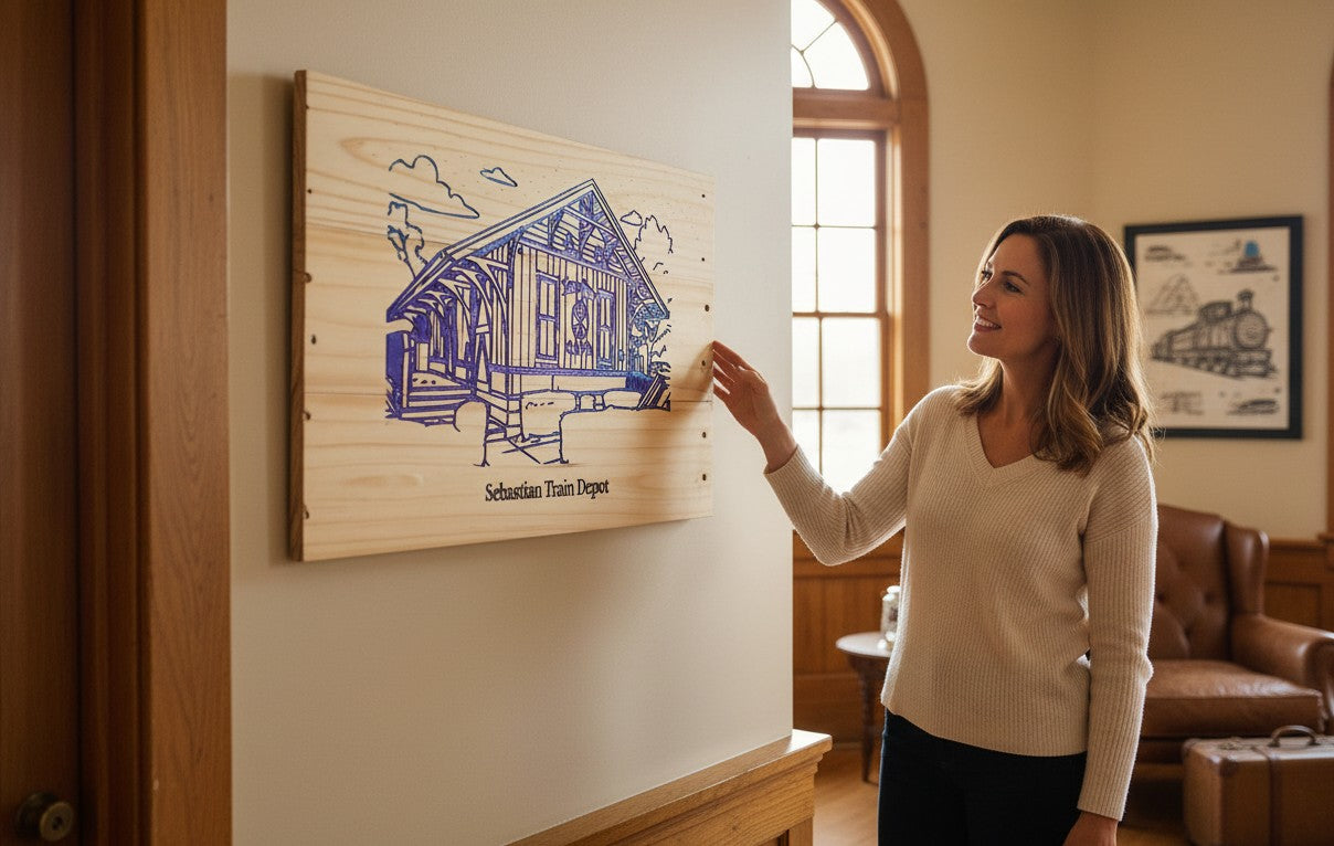 TK Wood Designs Sebastian Train Depot wooden art, featuring a blue and purple engraved depiction of the historic train station with clouds.