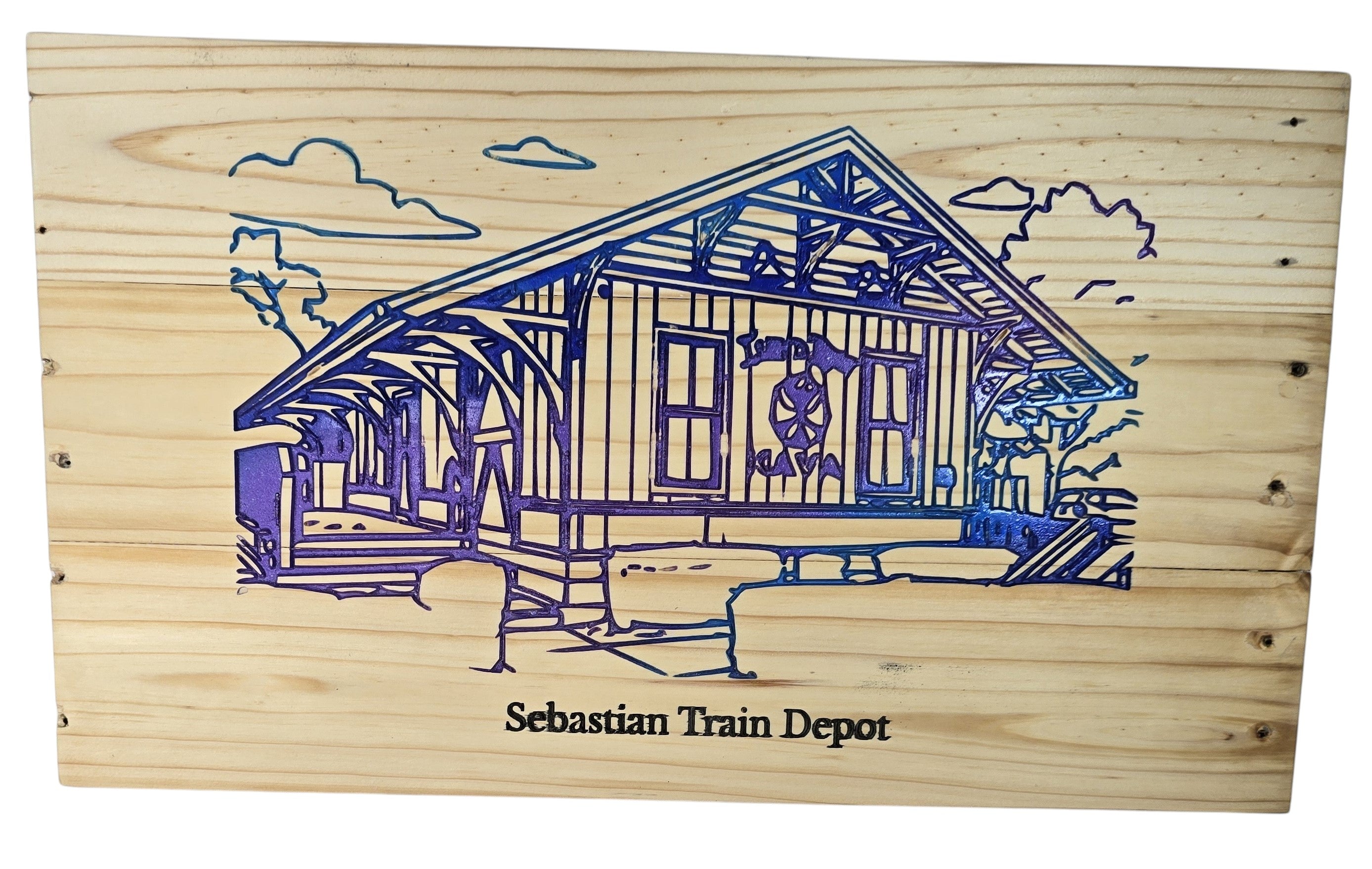 TK Wood Designs Sebastian Train Depot wooden model, featuring intricate blue and purple detailing of the historic Florida landmark.