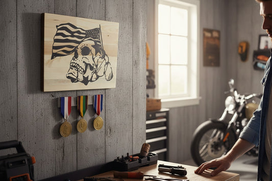 TK Wood Designs rustic wooden sign with a black graphic of a skull and an American flag, perfect for patriotic decor.