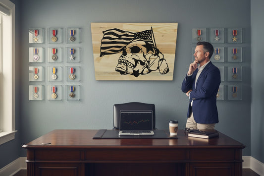 TK Wood Designs rustic wooden sign featuring a black graphic of a skull with an American flag and stars, celebrating military pride.