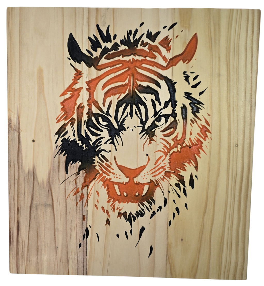 TK Wood Designs Tiger Head Wood Wall Art, graphic black and orange tiger face on natural wood grain.