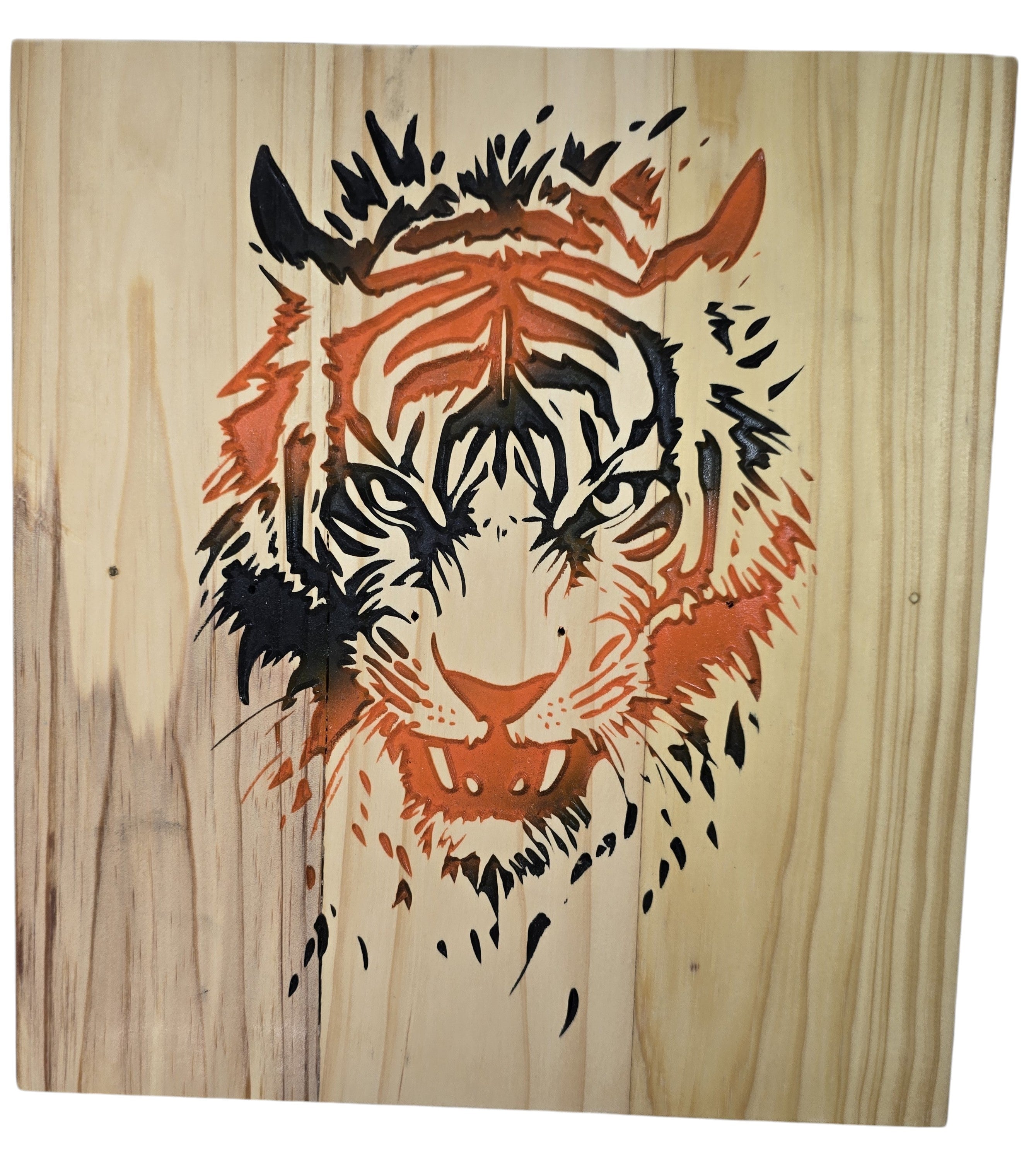 TK Wood Designs Tiger Head Wood Wall Art, natural wood with black, orange, and red graphic tiger face.