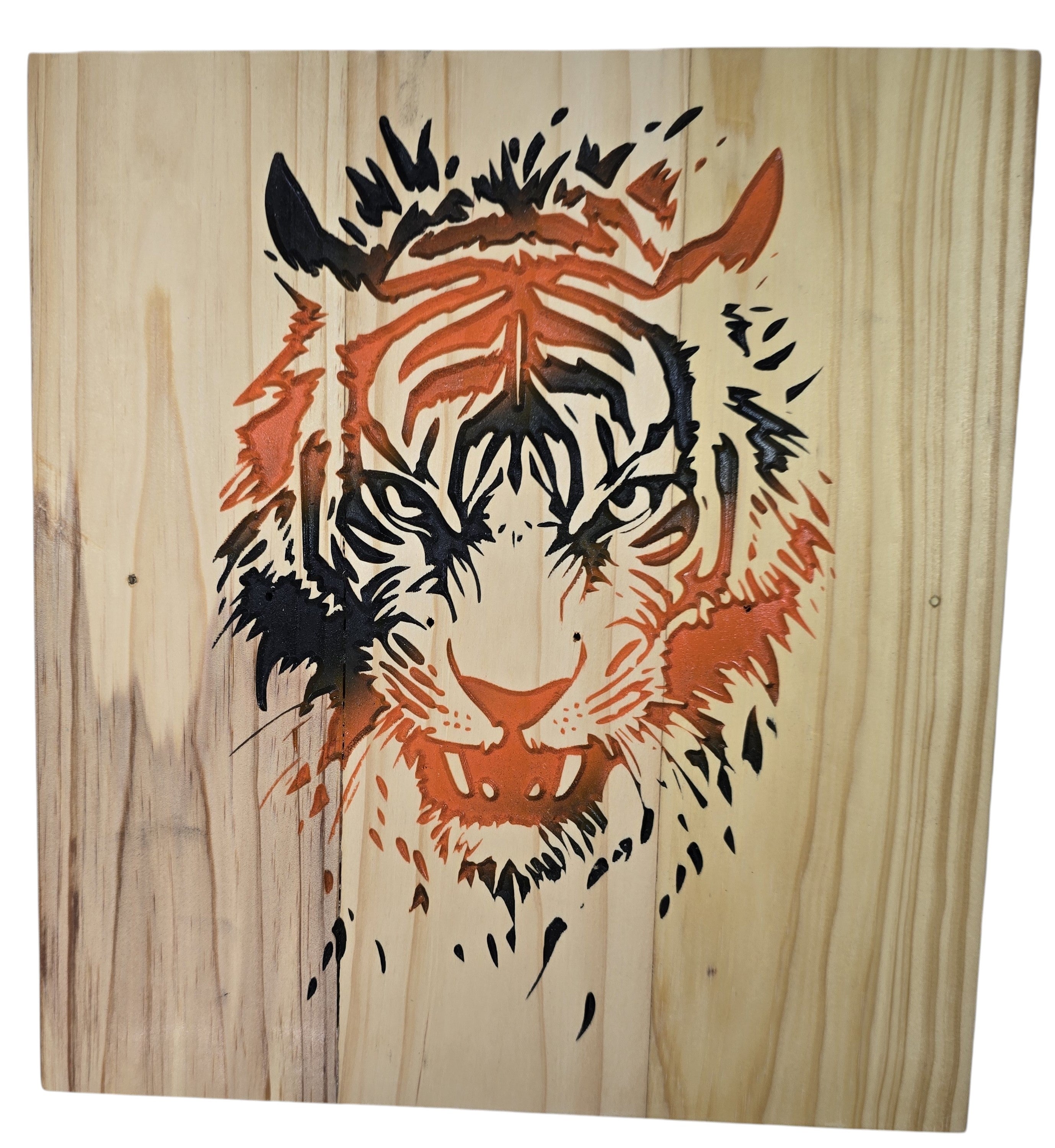 TK Wood Designs Tiger Head Wood Wall Art. Natural wood with black, orange, and red graphic tiger face. Unique wood grain.