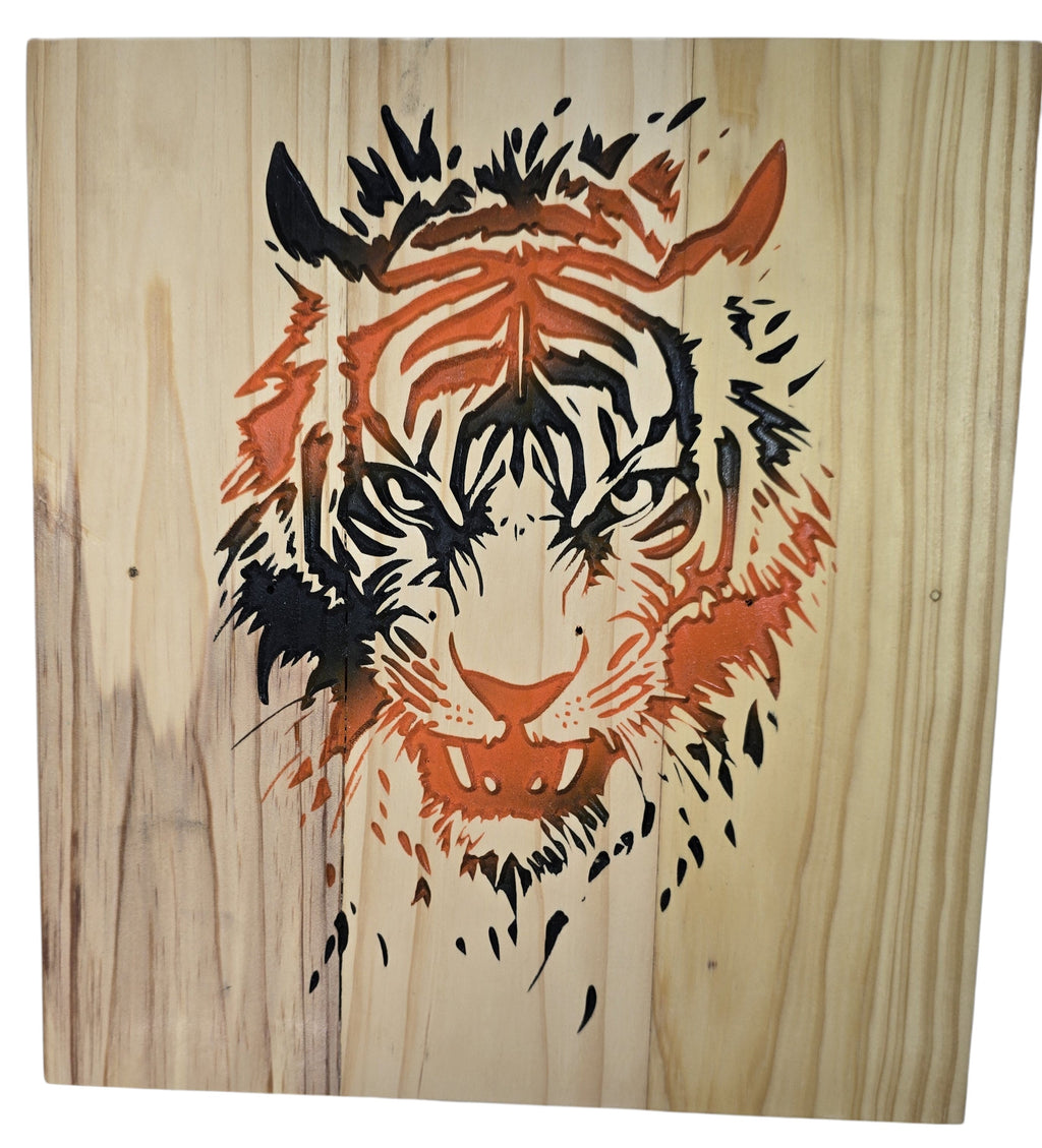 TK Wood Designs Tiger Head Wood Wall Art, black, orange, and red graphic on natural wood grain.