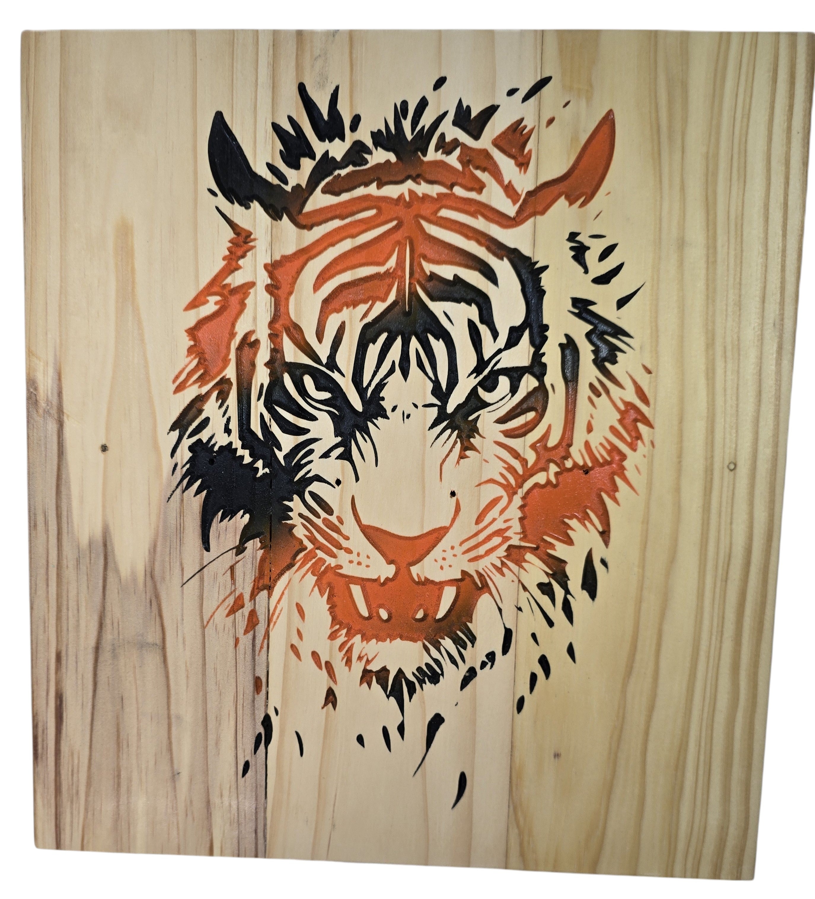 TK Wood Designs Tiger Head Wood Wall Art, black, orange, and red graphic on natural wood grain.
