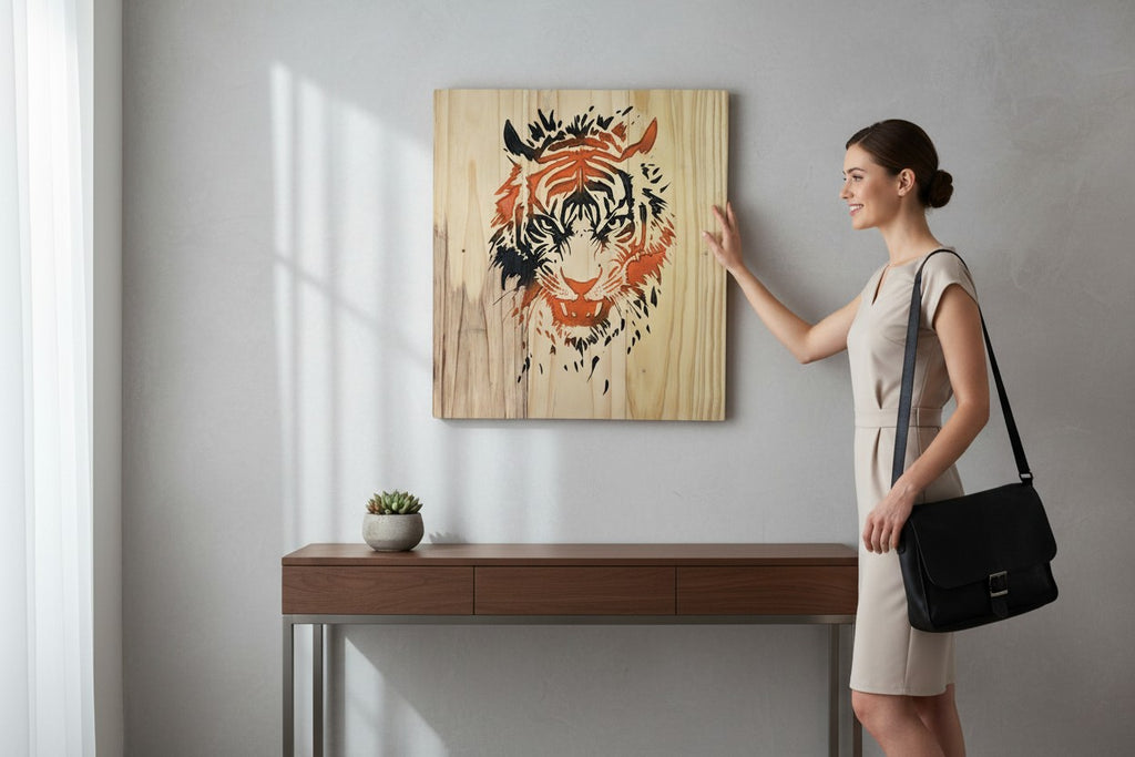 TK Wood Designs wooden sign featuring a fierce tiger stencil in orange and black. Natural wood grain visible.
