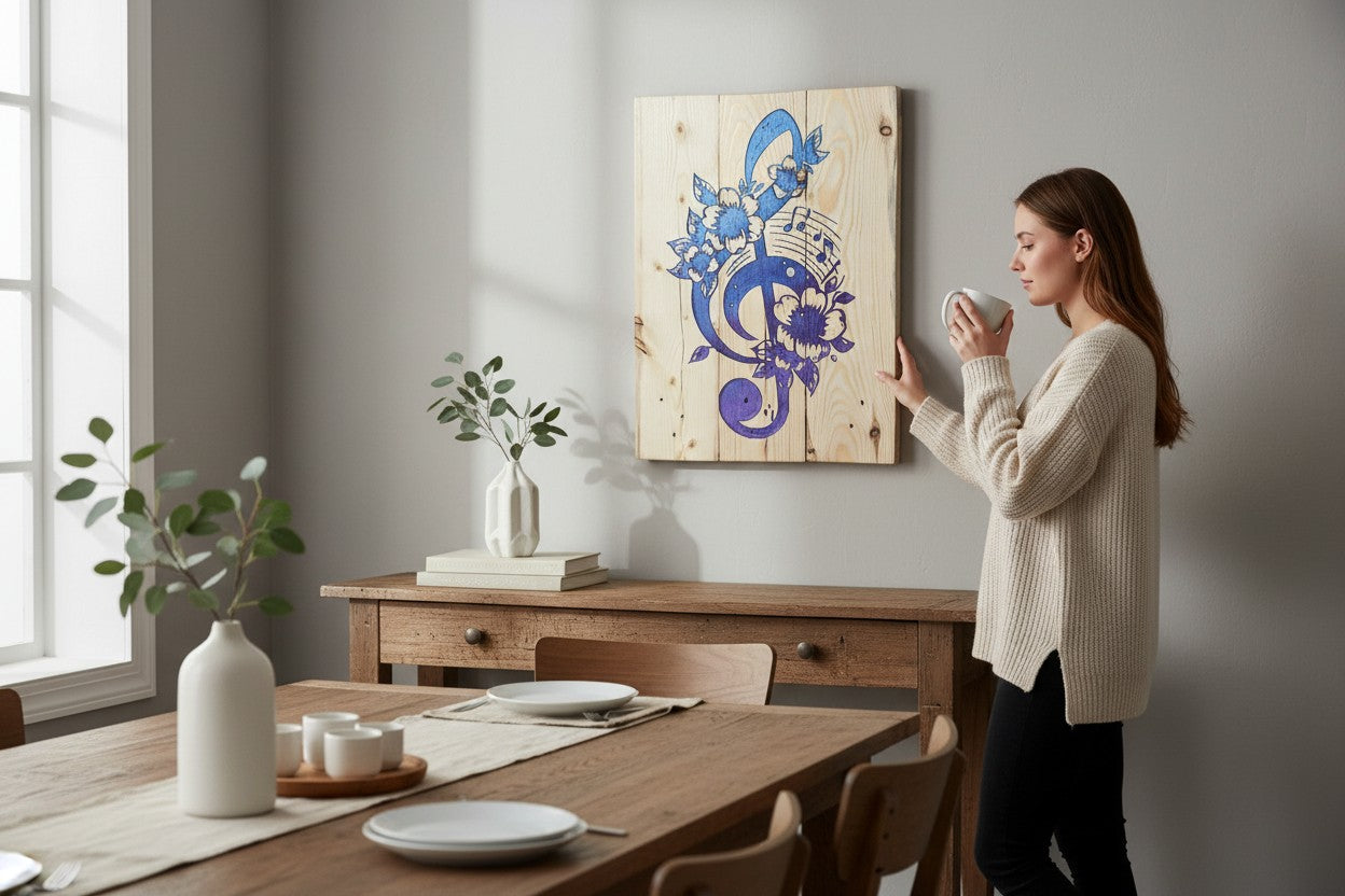 TK Wood Designs wooden treble clef art with blue and purple floral accents and musical notes.