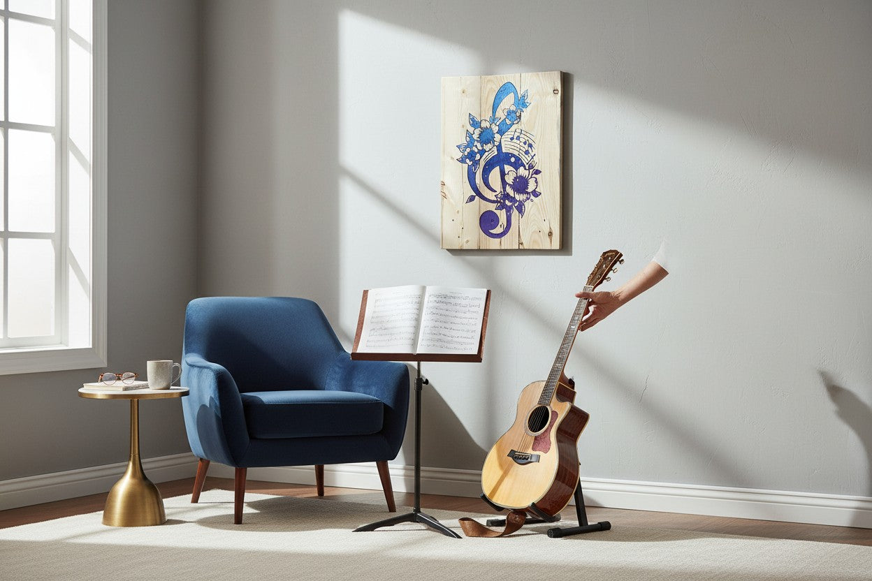TK Wood Designs treble clef wood sign with blue and purple floral accents and musical notes.