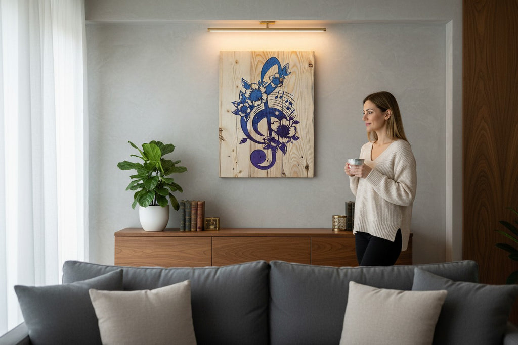 TK Wood Designs treble clef wood sign with blue and purple floral accents and musical notes.