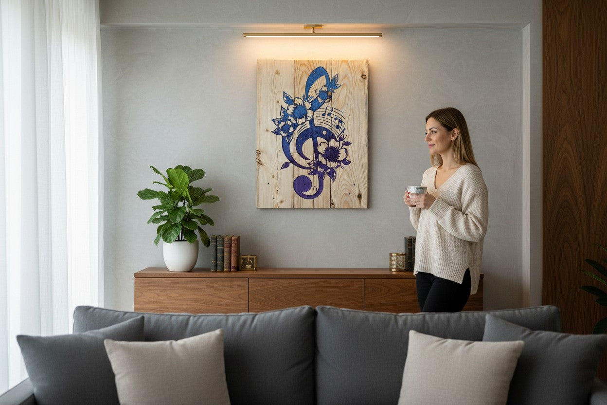 TK Wood Designs treble clef wood sign with blue and purple floral accents and musical notes.