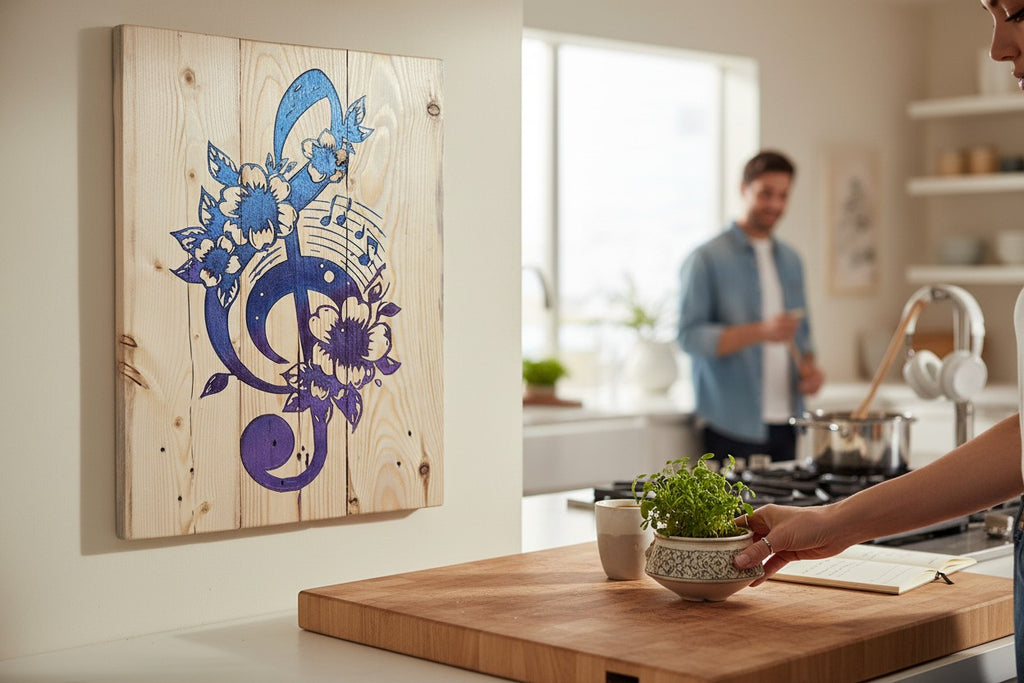 TK Wood Designs treble clef wood sign with blue and purple floral accents and musical notes.