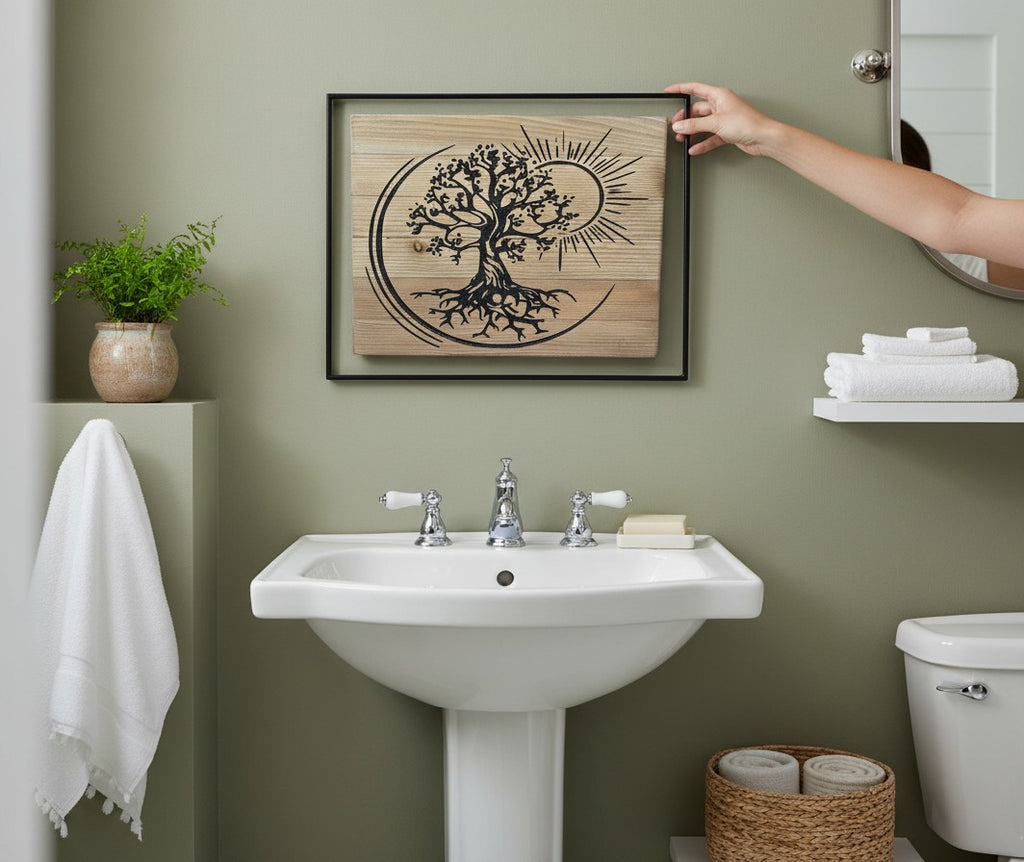 TK Wood Designs handcrafted reclaimed wood sculpture featuring a black Tree of Life with roots and a sun motif, symbolizing growth and renewal.