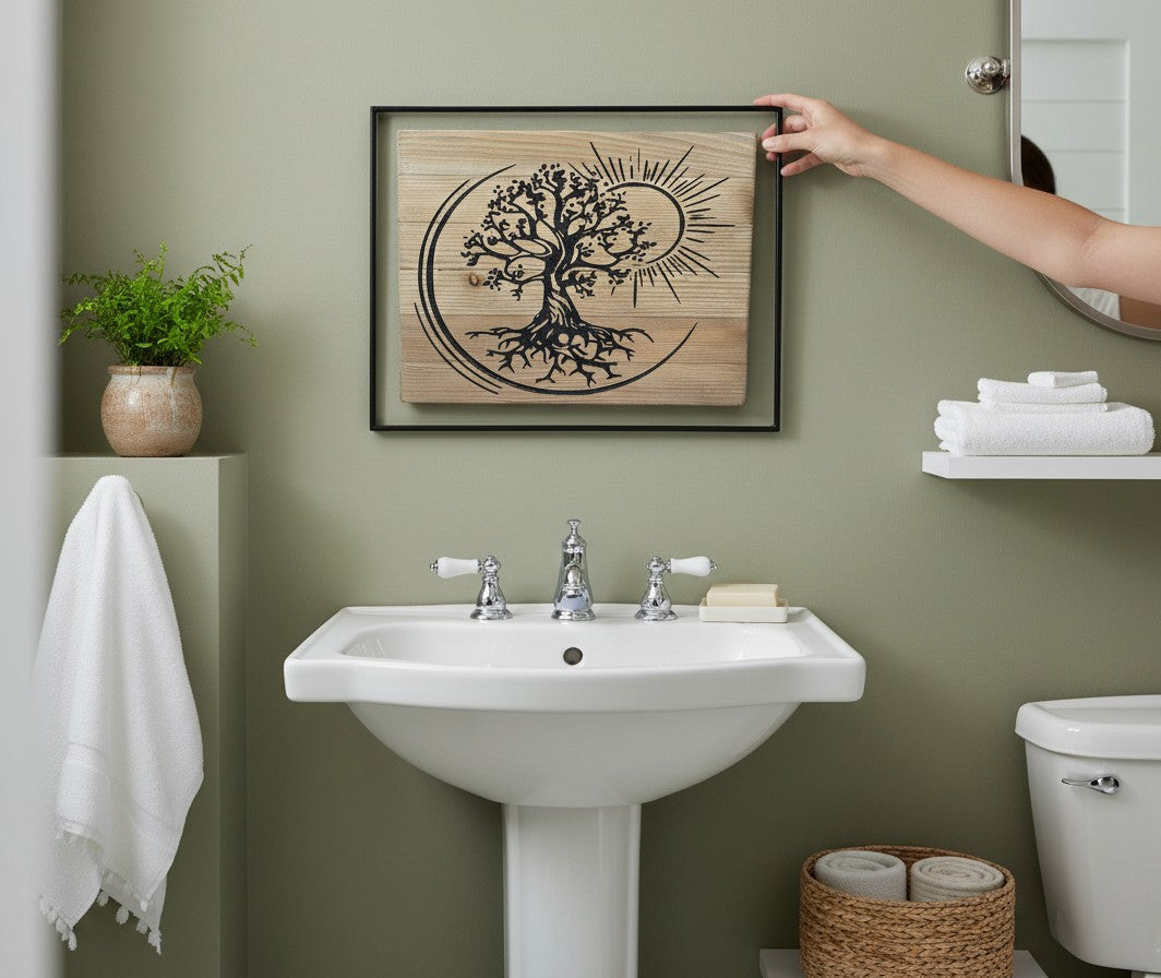 TK Wood Designs handcrafted reclaimed wood sculpture featuring a black Tree of Life with roots and a sun motif, symbolizing growth and renewal.