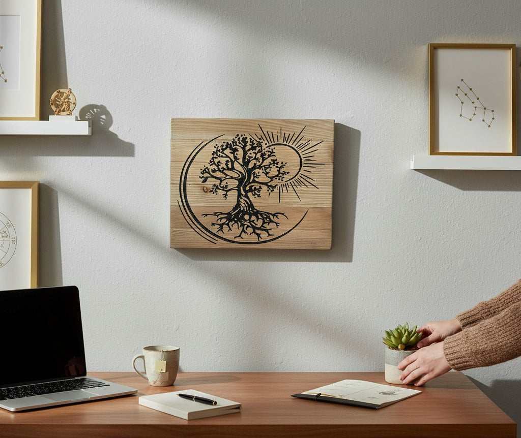 TK Wood Designs handcrafted reclaimed wood wall art featuring a black Tree of Life silhouette within a circle, beside a radiant sun.