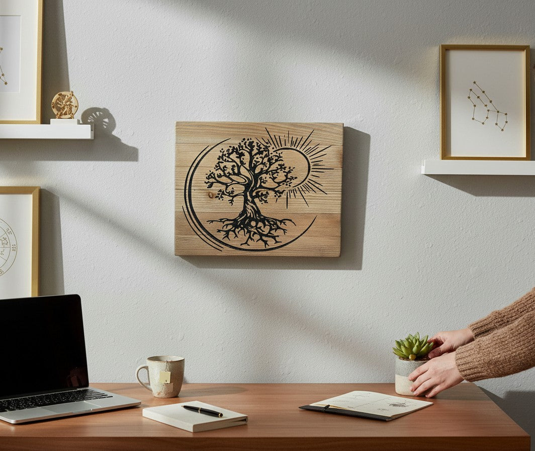TK Wood Designs handcrafted reclaimed wood wall art featuring a black Tree of Life silhouette within a circle, beside a radiant sun.