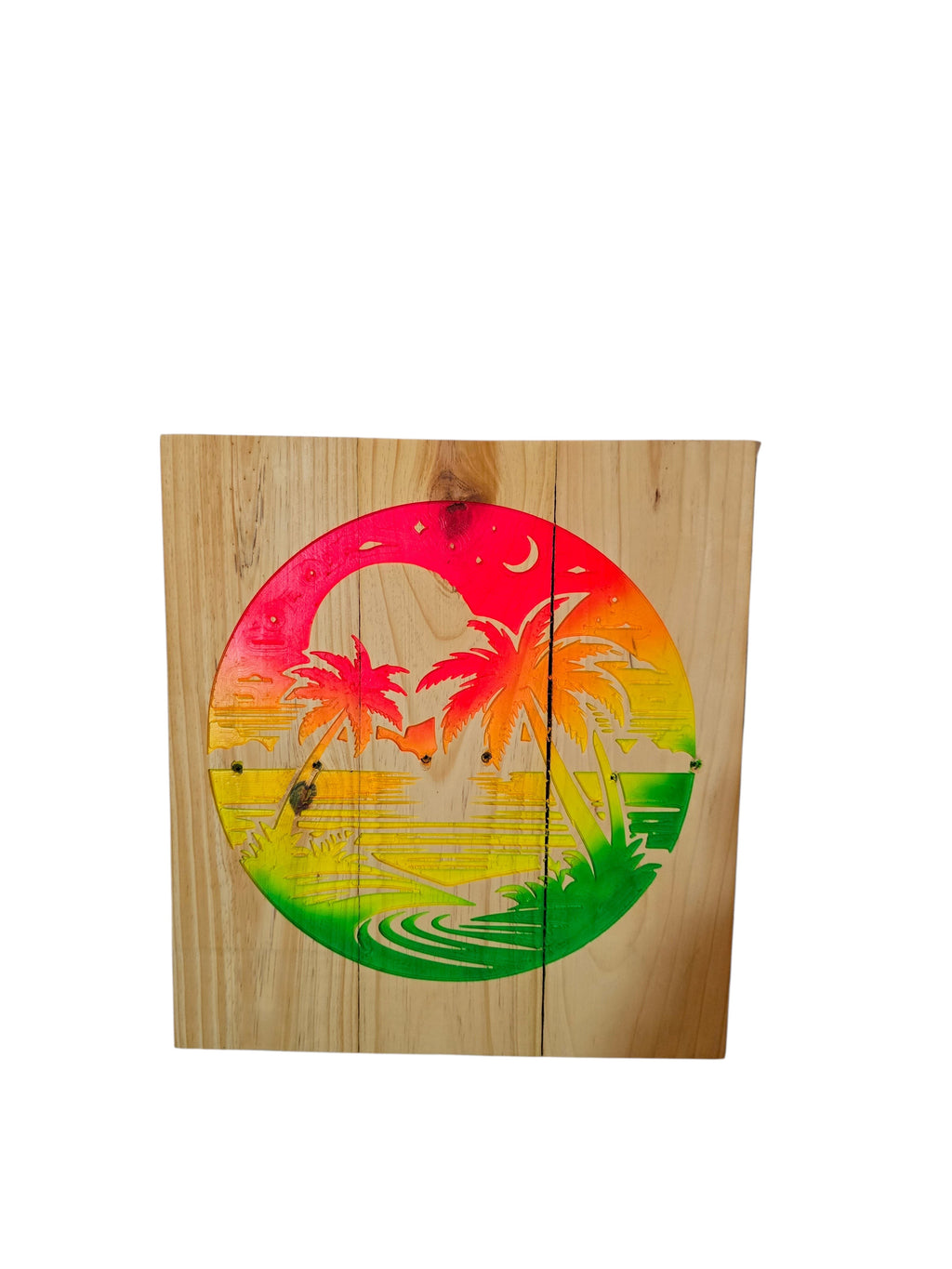 TK Wood Designs circular wood wall art with carved palm trees and sunset in vibrant pink, orange, yellow, and green.