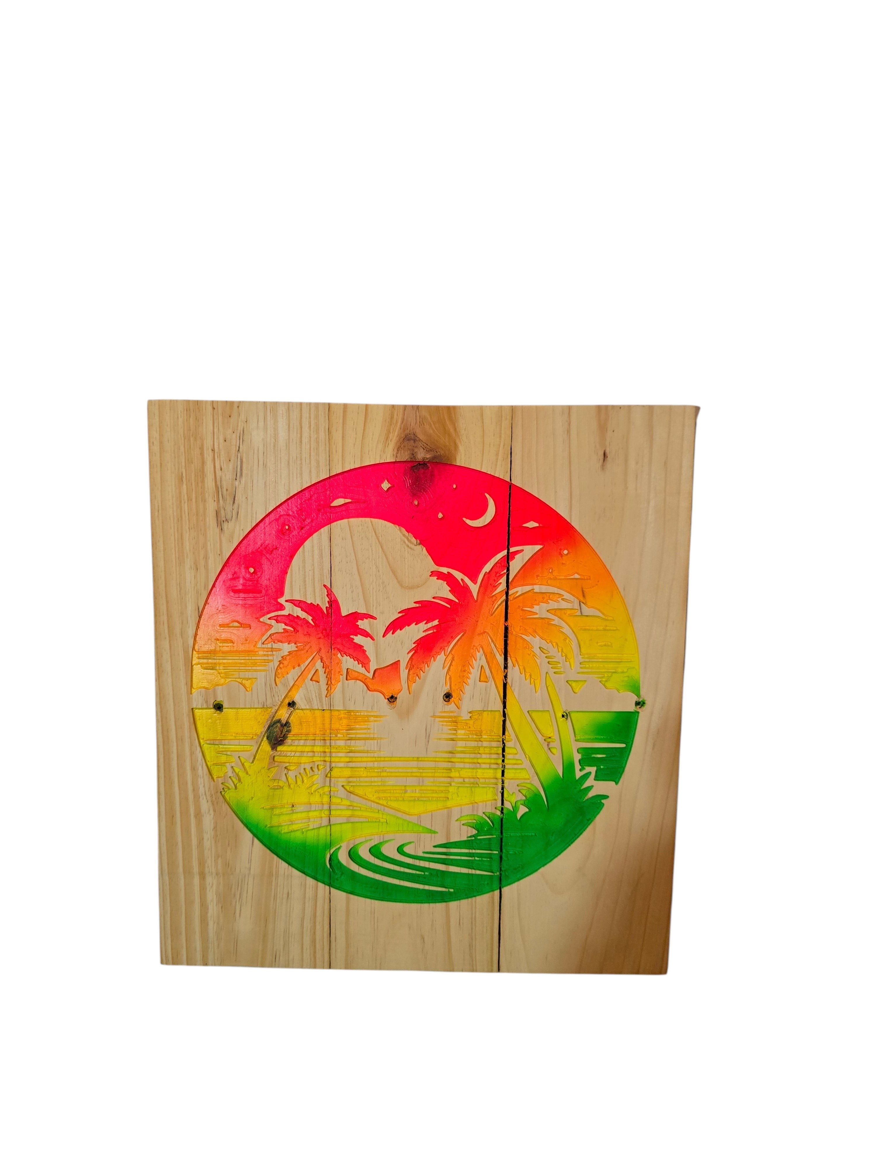TK Wood Designs circular wood wall art with carved palm trees and sunset in vibrant pink, orange, yellow, and green.