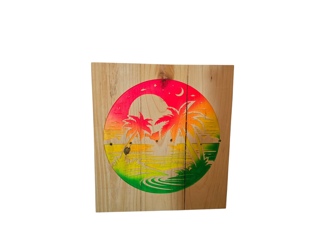 TK Wood Designs circular wooden wall art with a vibrant tropical sunset and palm trees. Features neon pink, orange, yellow, and green colors.