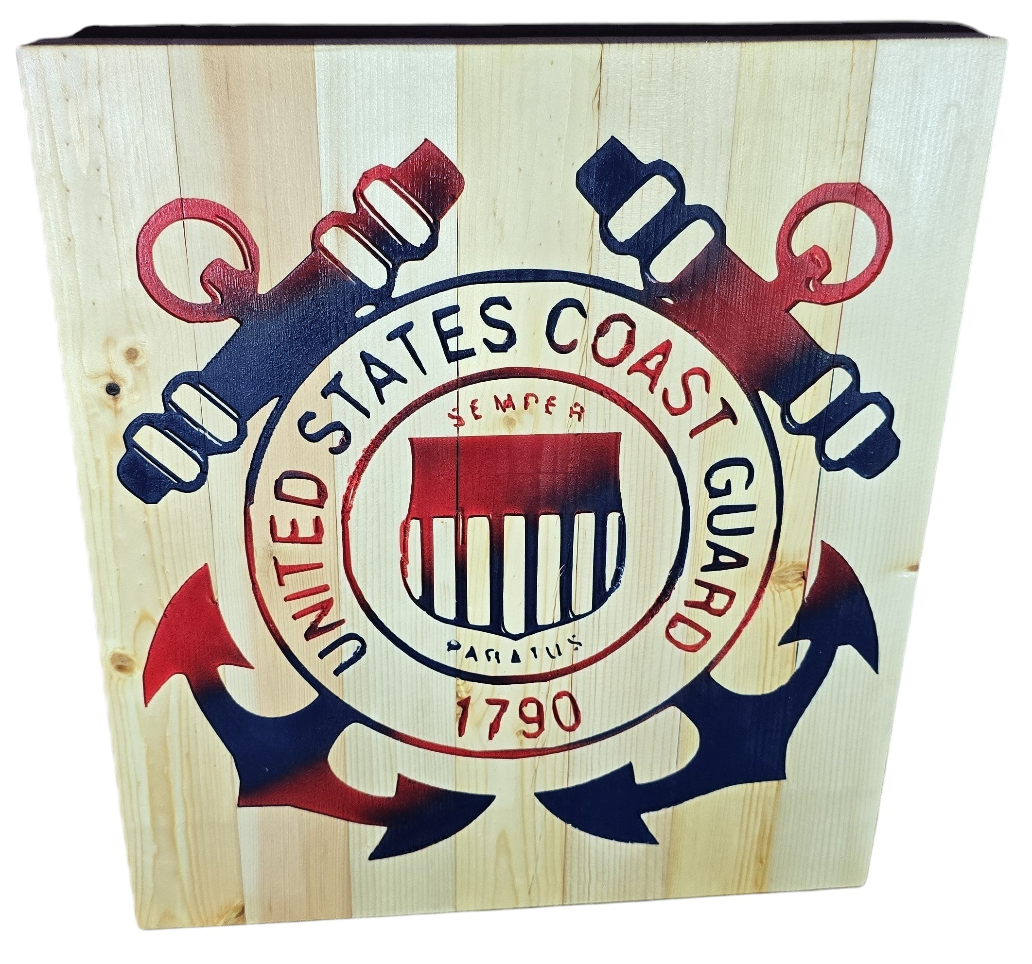 TK Wood Designs United States Coast Guard emblem wood wall art with anchors and cannons in distressed red, white, and blue.
