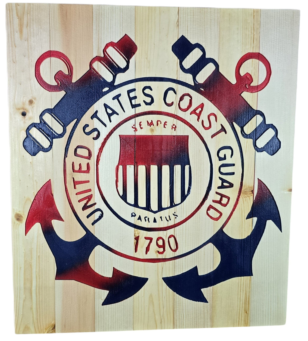 TK Wood Designs United States Coast Guard emblem wood wall art with anchors and cannons, distressed red, white, and blue finish.