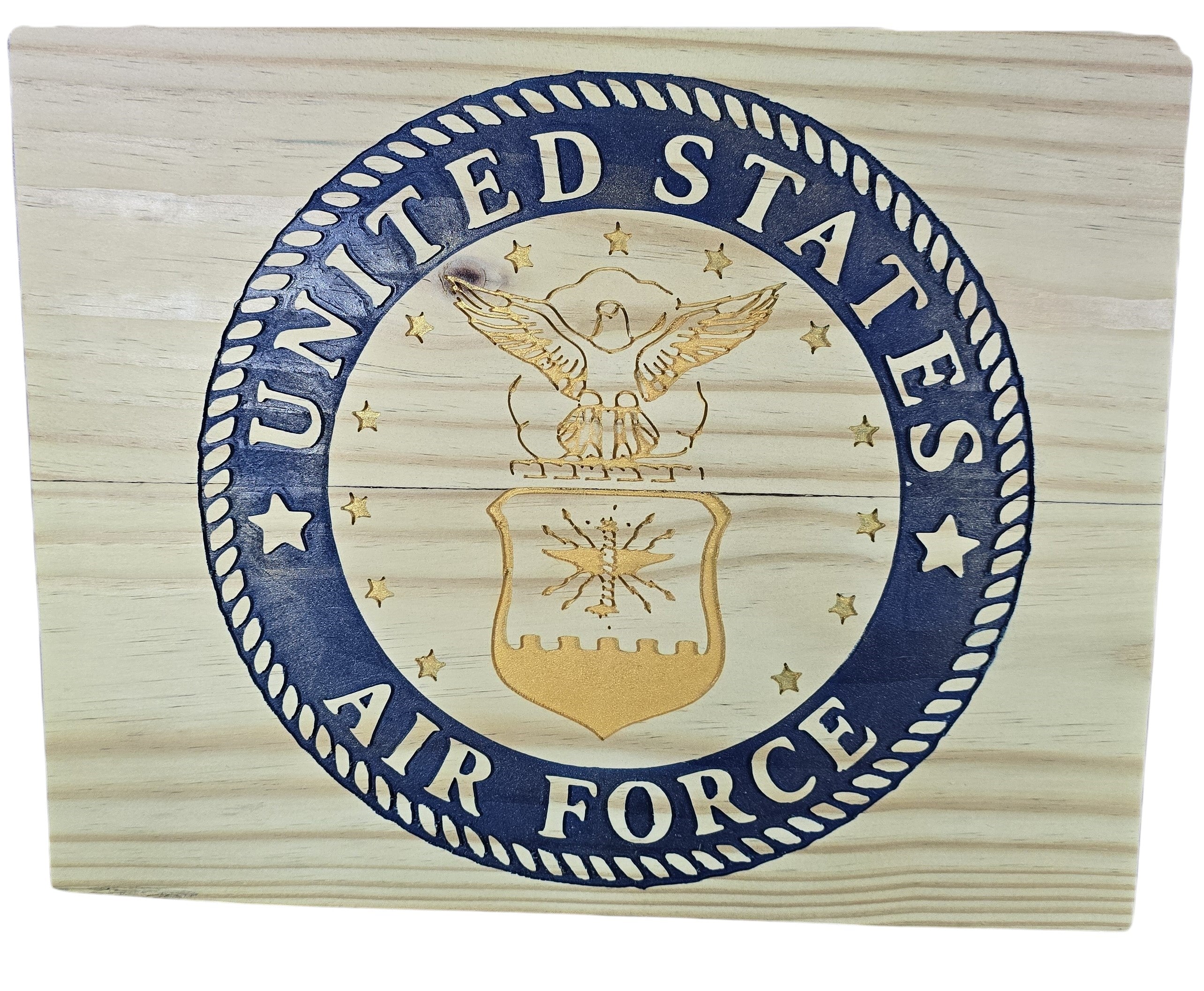 TK Wood Designs United States Air Force emblem carved in wood with blue and gold accents. Features eagle and shield.