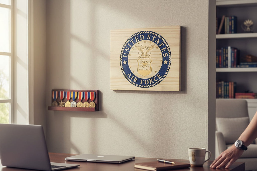 TK Wood Designs United States Air Force seal carved into salvaged wood with blue and gold accents. Features eagle and shield.