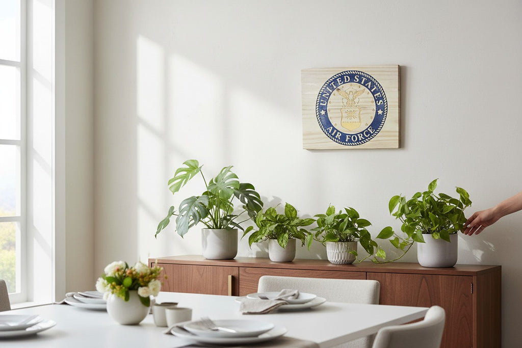 TK Wood Designs United States Air Force seal carved into salvaged wood with blue and gold accents. Features eagle and shield.