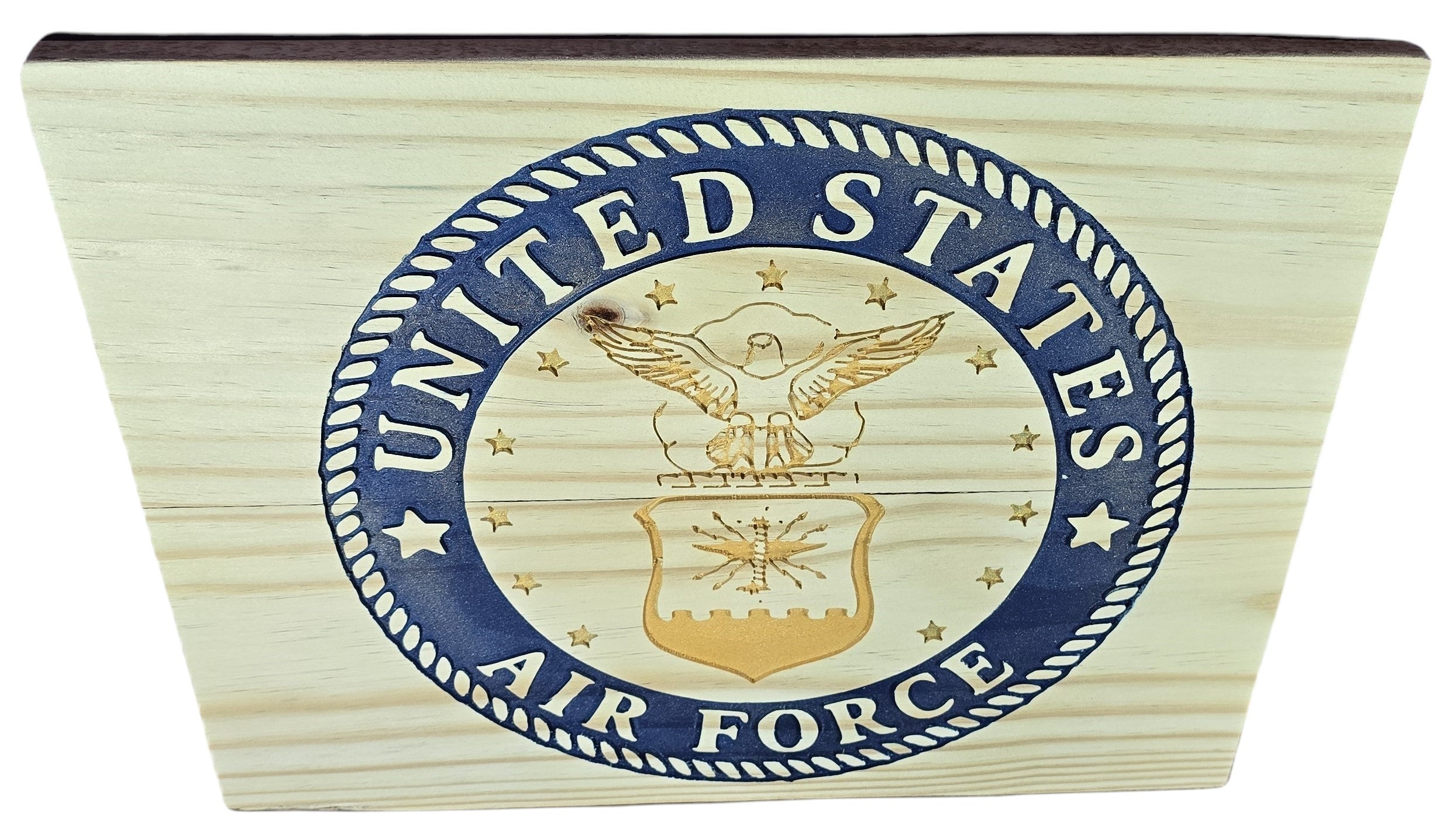 TK Wood Designs United States Air Force emblem wall art, carved wood with blue and gold seal, eagle and shield.