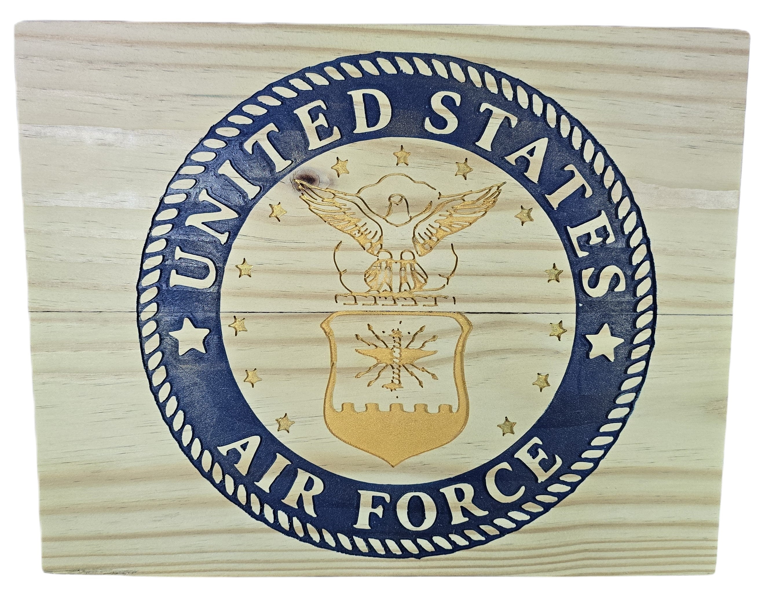 TK Wood Designs United States Air Force emblem wall art, natural wood with blue and gold seal. Patriotic decor.