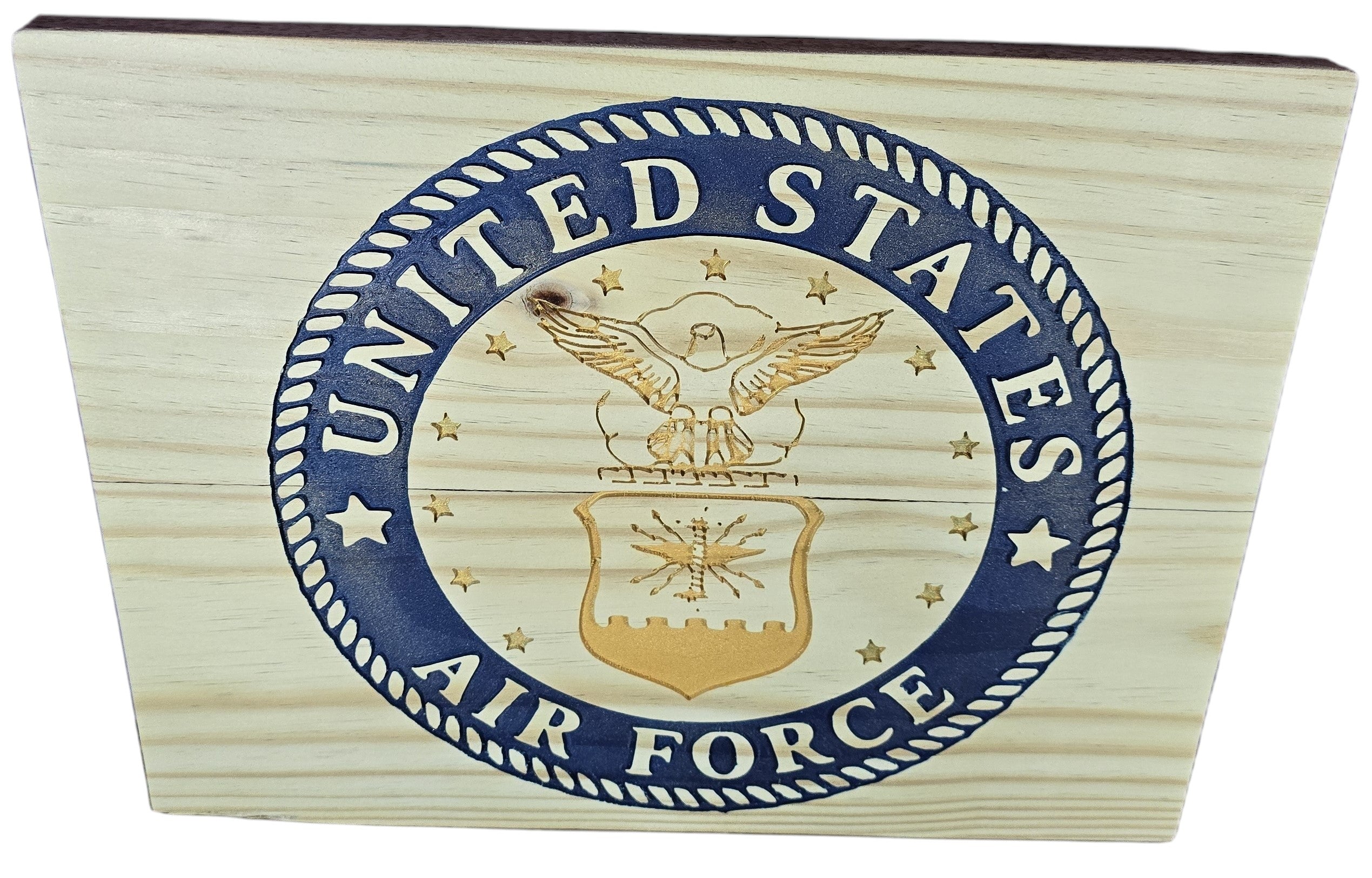 TK Wood Designs natural wood wall art featuring the United States Air Force emblem in blue and gold.