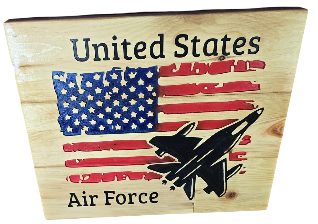 TK Wood Designs wooden wall art featuring a distressed American flag with a fighter jet silhouette and "United States Air Force" text.