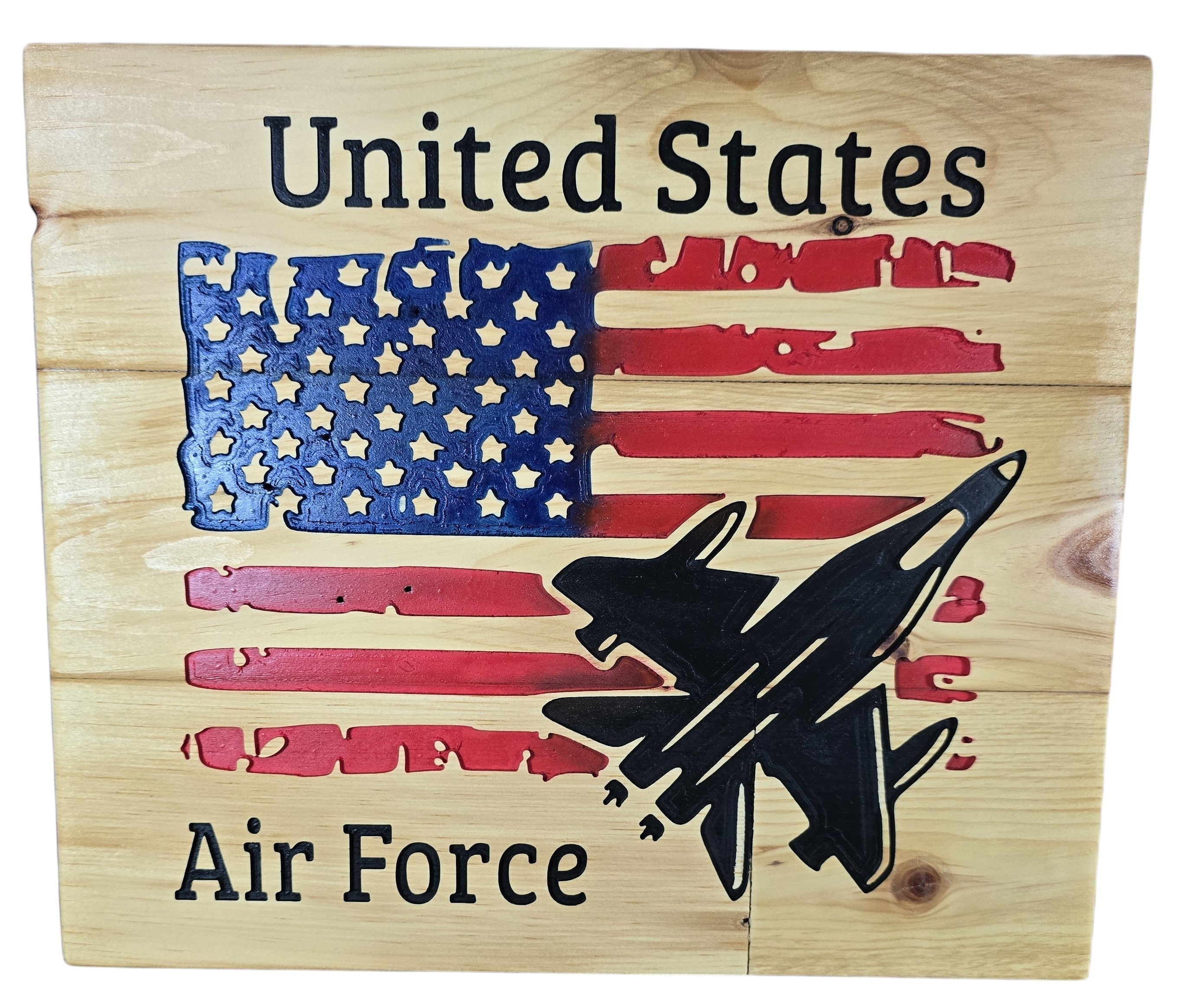 TK Wood Designs United States Air Force jet flag wall art, distressed wood American flag with fighter jet silhouette.