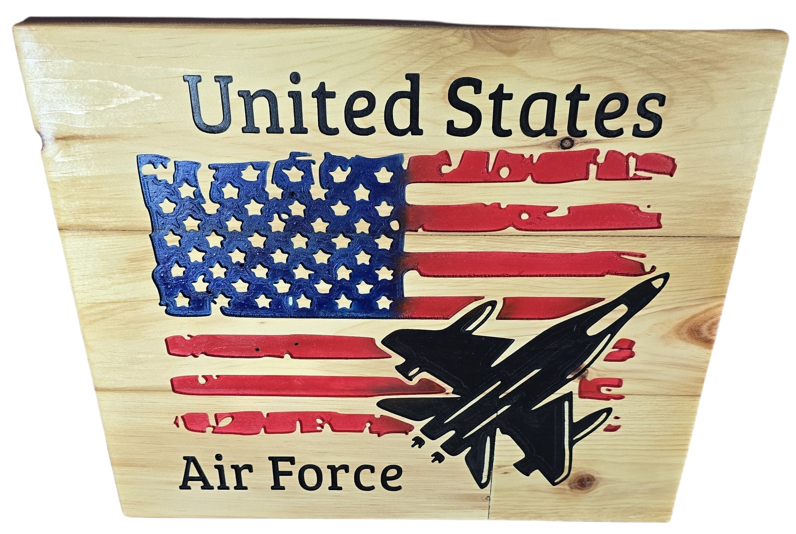 TK Wood Designs wooden wall art featuring a distressed American flag with a fighter jet silhouette and text 'United States Air Force'.