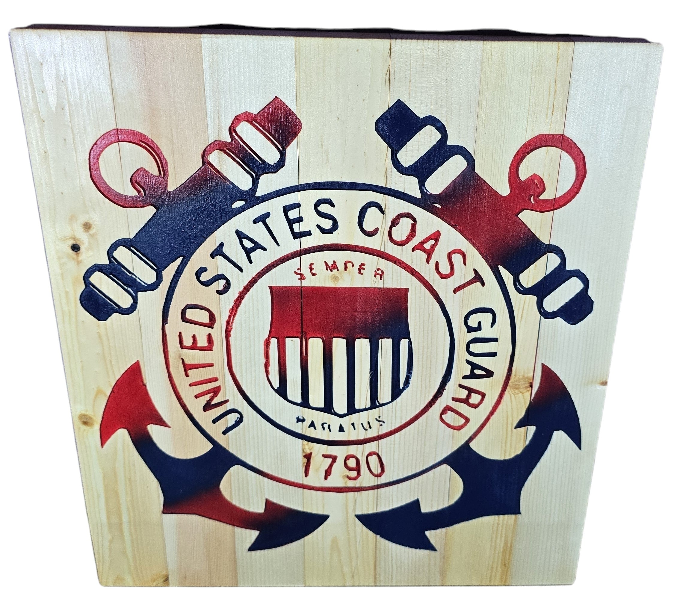 TK Wood Designs United States Coast Guard emblem wood wall art with anchors and cannons in red, white, and blue.