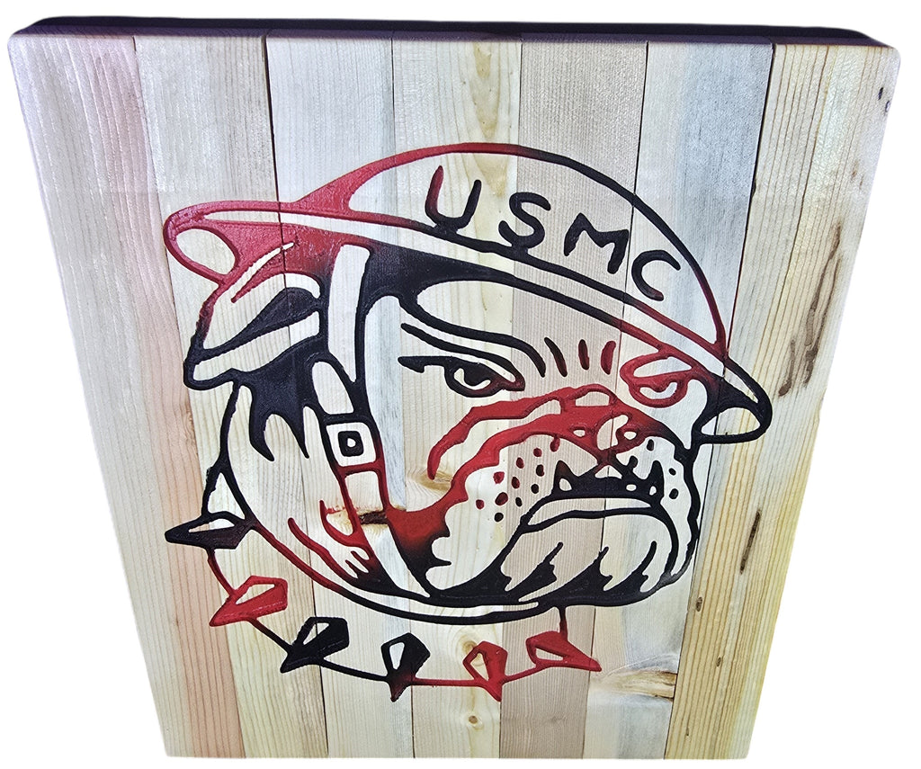 TK Wood Designs USMC bulldog wall art on natural wood planks, hand-painted with red and black.