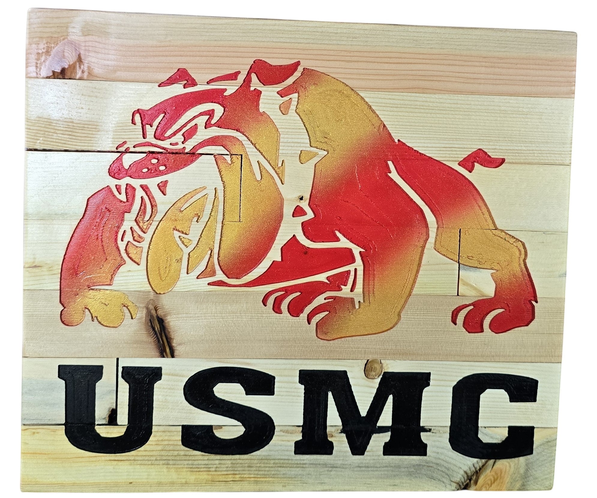 TK Wood Designs USMC bulldog emblem wood wall art with red and yellow gradient on natural wood planks.