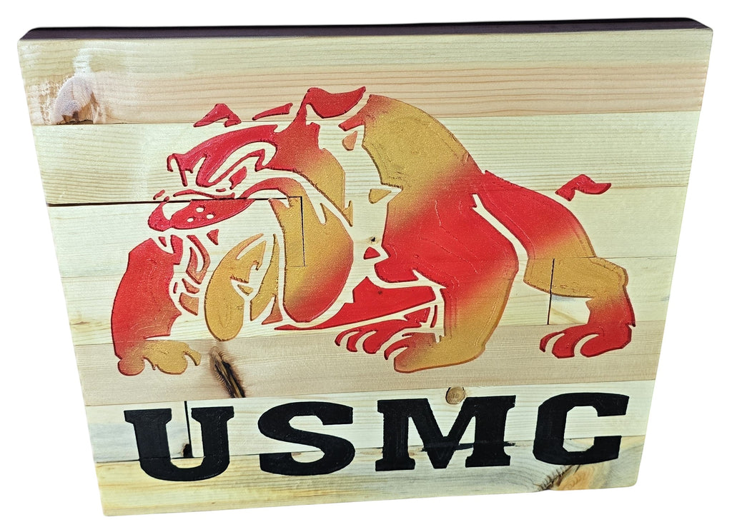 TK Wood Designs USMC bulldog wall art on natural wood planks, featuring red and yellow emblem and black USMC lettering.