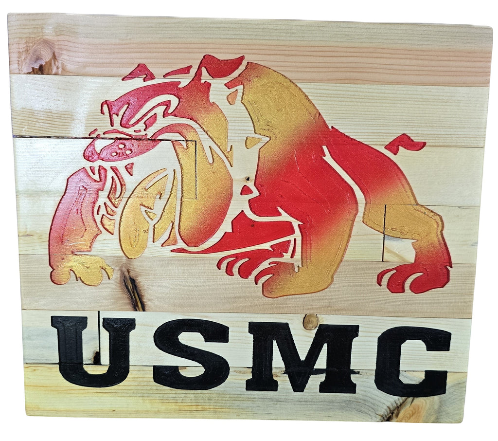 TK Wood Designs USMC bulldog emblem wood wall art. Red and yellow bulldog graphic on natural wood planks with black USMC lettering.