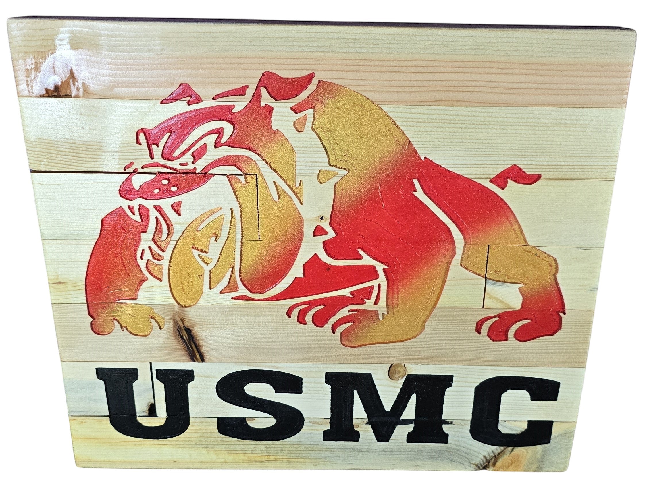 TK Wood Designs USMC bulldog emblem wood wall art with red and yellow gradient on natural wood planks.