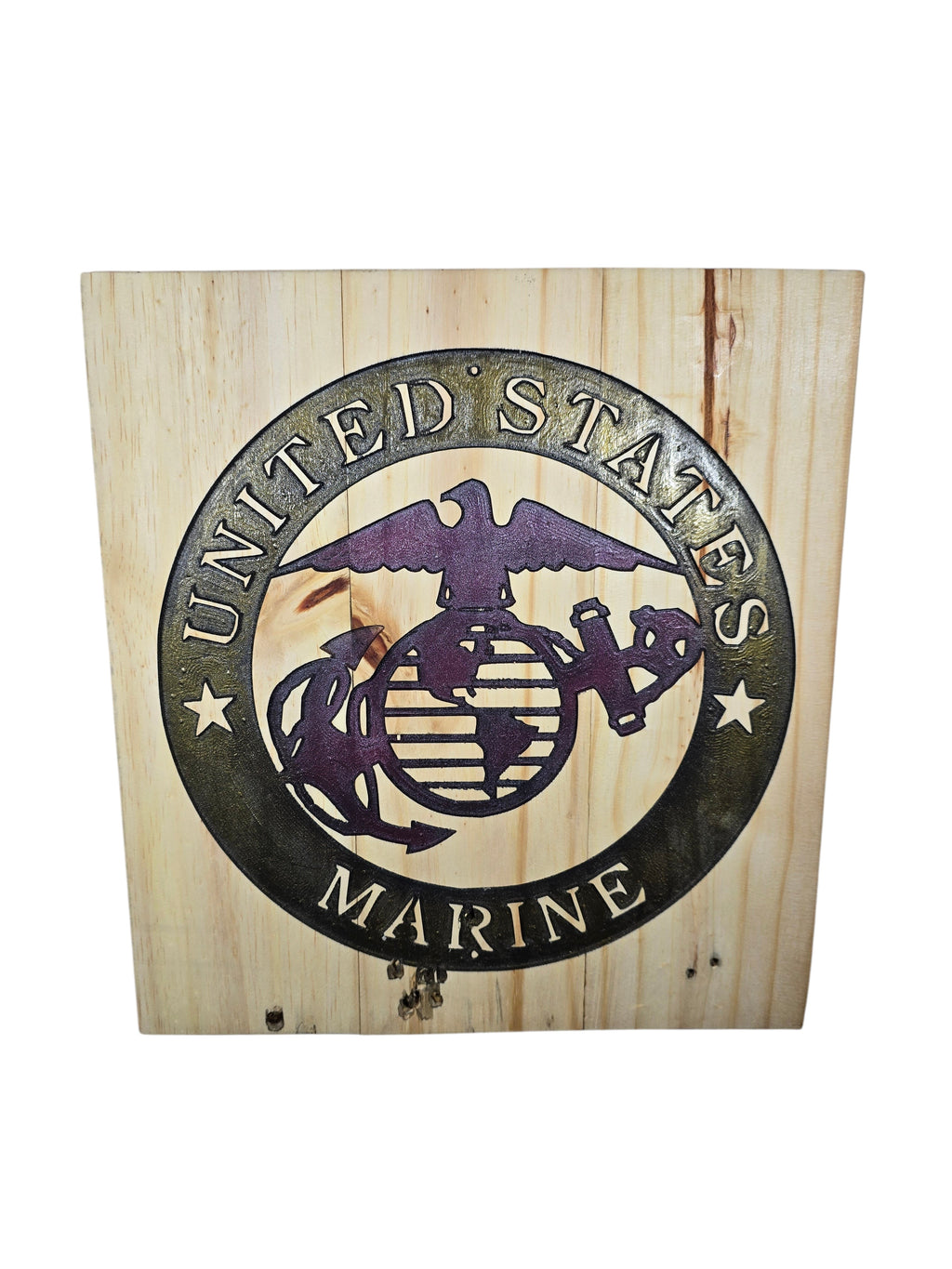 TK Wood Designs United States Marine Corps Emblem Wood Wall Art with Eagle, Globe, and Anchor in dark finish on natural wood.