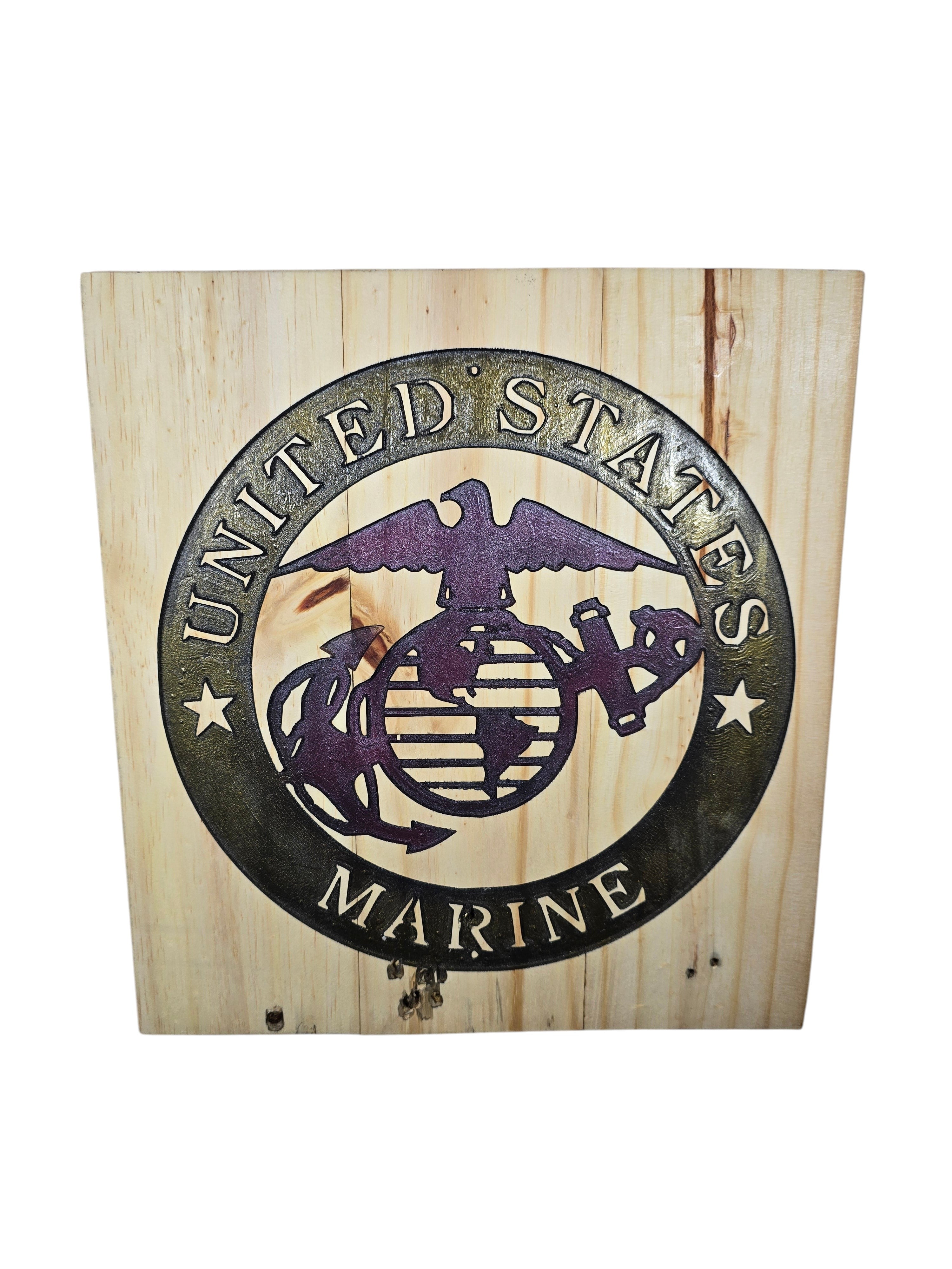 TK Wood Designs United States Marine Corps Emblem Wood Wall Art with Eagle, Globe, and Anchor in dark finish on natural wood.